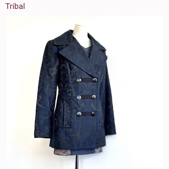 Vintage Jackets & Blazers - Y2K Blue brocade peacoat retro